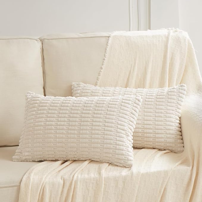 Fancy Homi 4 Packs Boho Cream Decorative Throw Pillow Covers 16x24 Inch for Living Room Couch Bed Sofa, Rustic Modern Farmhouse Home Decor, Soft Plush Corduroy Beige Cute Square Cushion Case 40x60 cm