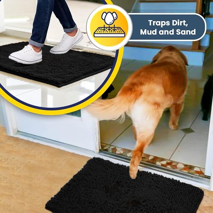 Muddy Mat® | Super Absorbent Door Mat Indoor, Microfiber Quick Dry Chenille Entryway Rug, Non-Slip Front Door Mat, Indoor Mats for Entryway, Machine Washable Pet Rug, Black 36"x72"