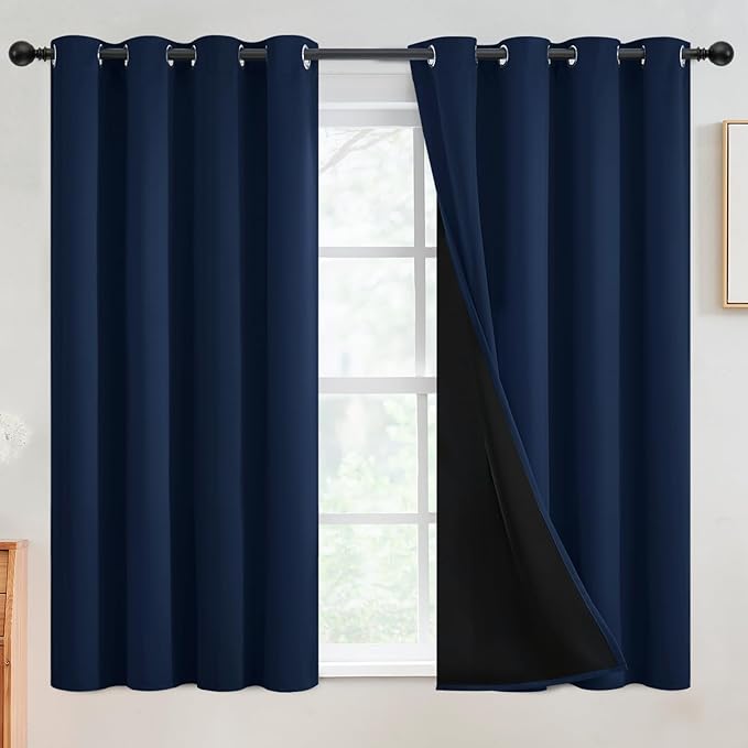 SimpleHome 100% Blackout Curtains for Bedroom,Thermal Insulated Navy Blue Grommet Window Drapes Room Darkening Curtains for Living Room with Black Back,52 x 54 Inch,2 Panels