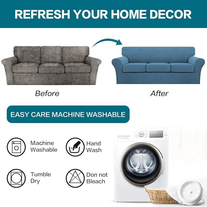 Turquoize 4 Piece Sofa Covers for 3 Cushion Couch Sofa Slipcover with Separate Cushion Couch Cover for Dogs Thick Soft Slipcover Washable Elastic Furniture Protector for Pets(XL Sofa,Dusty Blue)