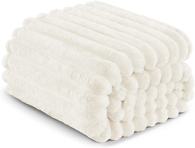 Exclusivo Mezcla Queen Size Flannel Fleece Blanket, Super Soft Striped Jacquard Bed Blanket, Lightweight Fuzzy Cozy for All Seasons, 90x90 Inches, Ivory