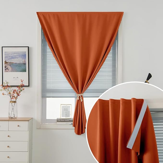 Self Adhesive Curtains Portable Blackout Curtain Simple and Easy to Install Bedroom Window Thermal Lnsulated Kitchen Room Darkening Black Small Drapes, 35" W X 59" L, Orange, 1 Panel