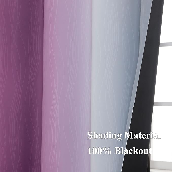 Purple and Grey Blackout Curtains 84 Inches Long,Ombre and Wavy Line Pattern 100% Blackout Curtains for Bedroom,Full Light Blocking Grommet Thermal Insulated Drapes for Kids Room, 52x84 Inch, 2 Panels