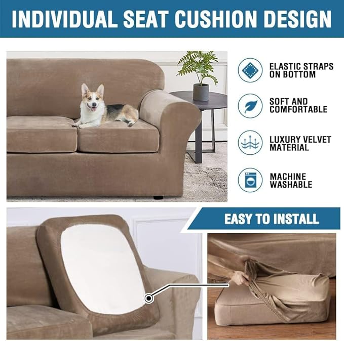 H.VERSAILTEX Real Velvet Plush 3 Piece Stretch Sofa Covers Couch Covers for 2 Cushion Couch Loveseat Covers Width Up to 72 Inch Feature Thick Soft Stay in Place (Medium Sofa, Camel)