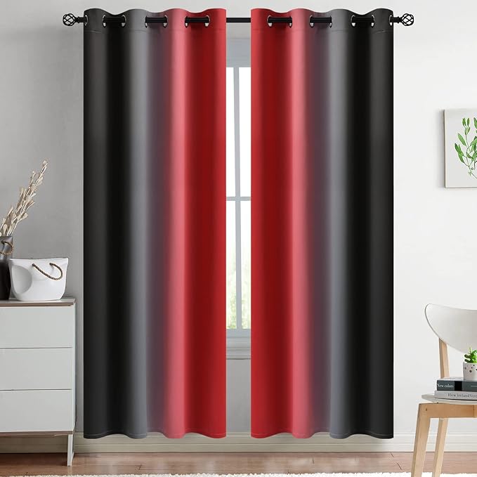 Yakamok Blackout Ombre Black and Red Curtains for Bedroom,Room Darkening Grommet Thermal Insulated Full Light Blocking Window Drapes/Curtains for Living Room,52 x 72 Inch,2 Panels