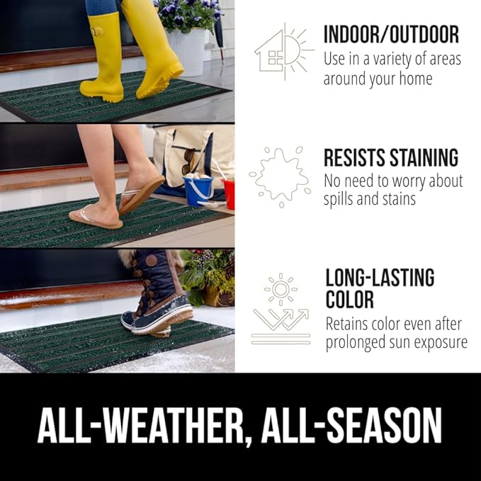 GORILLA GRIP 100% Waterproof All-Season WeatherMAX Doormat US Designed Natural Rubber, Stain and Fade Resistant, Low Profile Indoor Outdoor Door Mats, Easy Clean Patio Mat, 29x17, Green Stripe