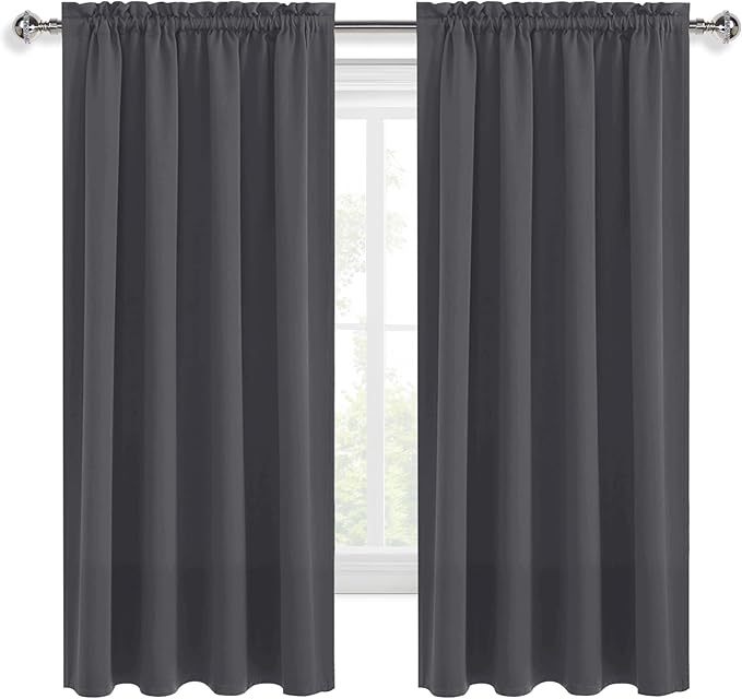 DWCN Kitchen Blackout Short Curtains for Bedroom 45 Inch Length 2 Panels Set, Solid Thermal Insulated Energy Saving Rod Pocket Window Treatment Curtains Blackout Draperies (W52 x L45 Inch, Dark Grey)