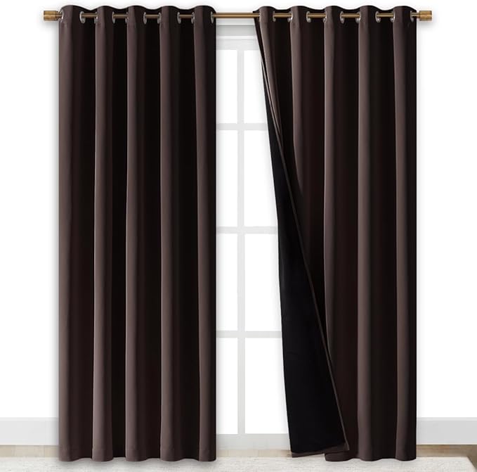 NICETOWN 100% Blackout Window Curtain Panels, Brown, 2 PCs, 62" Wide Each Panel, Cold and Full Light Blocking Drapes with Black Liner for Nursery, 84 inches Drop Thermal Insulated Draperies