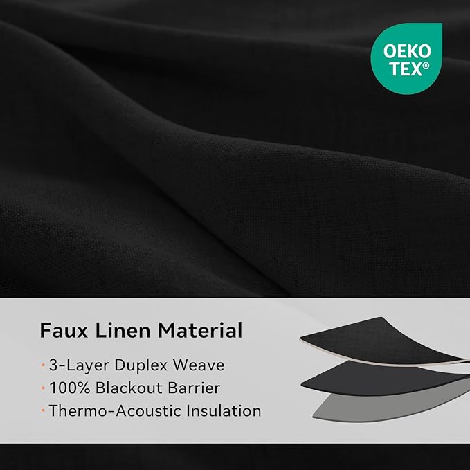 100% Blackout Shield Linen Blackout Curtains for Bedroom, Black Grommet Curtains for Living Room, Thermal Insulated Room Darkening Drapes for Nursery, Boho Home Decor, 50" W x 84" L, 2 Panels