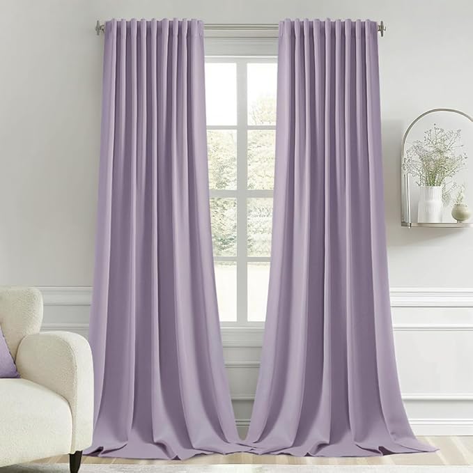MIULEE Lilac Back Tab Blackout Curtain 96 Inch Long 2 Panels Set for Bedroom, Rod Pocket/Pinch Pleat Thermal Insulated Living Room Darkening Pleated Light Blocking Floor to Ceiling Drape