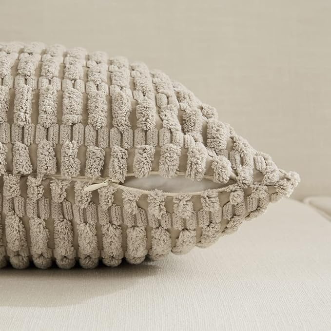 Fancy Homi Set of 4 Grey and White Long Lumbar Rectangle Decorative Throw Pillow Covers 12x24 Inch for Couch Bed Chair, Farmhouse Boho Room Decor, Soft Fuzzy Corduroy Textured Cushion Case 30x60cm