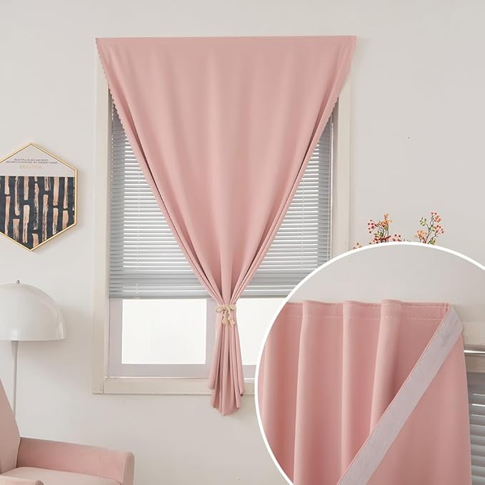 Self Adhesive Blackout Curtains- Stick on Curtains Shades Window Blinds Curtains No Rod Needed Easy to Hang Curtain, Use for Bedroom, Living Room,Roman Shades, 47" W X 71" L, Pink, 1 Panel
