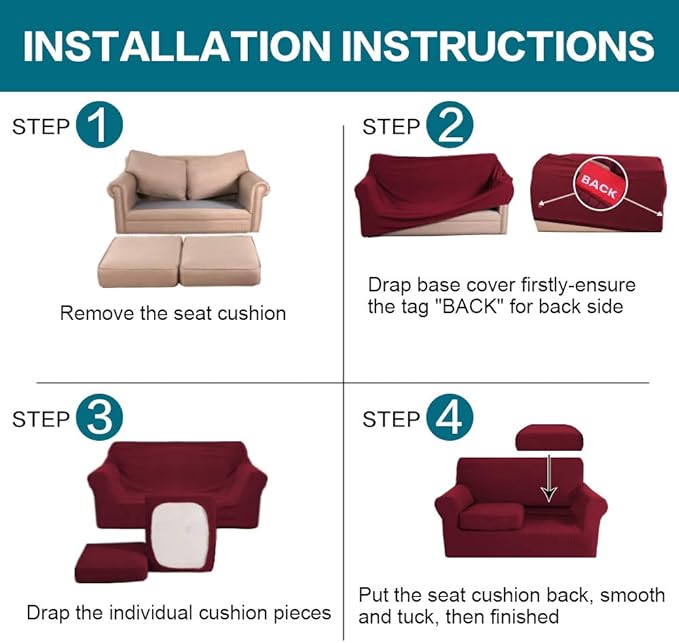 Turquoize 3 Piece Sofa Covers for 2 Cushion Couch Sofa Slipcover Soft Couch Cover for Dogs-Washable Sofa Furniture Covers with 2 Individual Cushion Covers, Thick Jacquard Fabric (Loveseat, Burgundy)