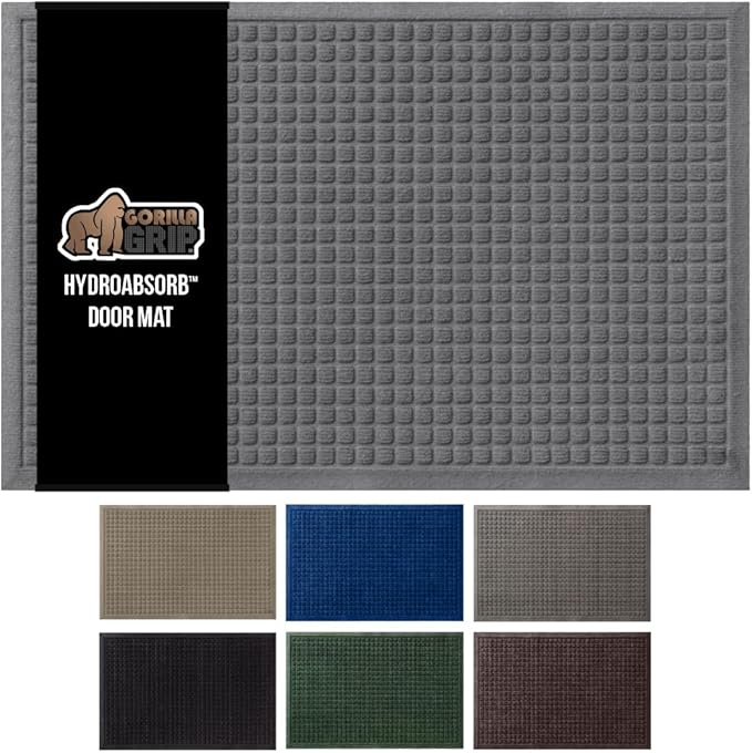 GORILLA GRIP® Ultra Absorbent Front Door Mat Outside Entrance, 47x35, Traps Dirt and Moisture, HydroABSORB Indoor Outdoor Doormat Holds Up to 6 Cups Water, Stain and Fade Resistant Welcome Mat, Grey