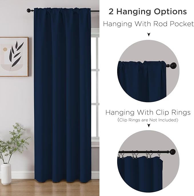 CUCRAF Navy Blue Blackout Curtains 72 inch Length 2 Panels Set, Rod Pocket Room Darkening Drapes for Bedroom Living Room, Insulated Thermal Light Blocking Window Curtain (W52 x L72 Inch)
