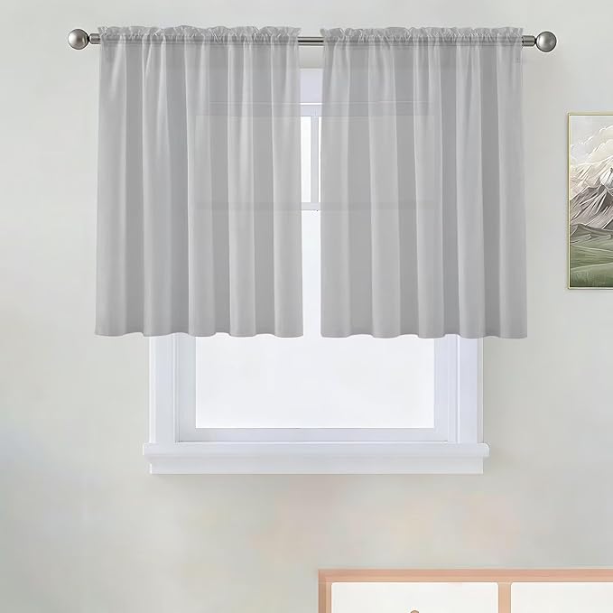 SpaceDresser Basic Rod Pocket Sheer Voile Window Curtain Panels Silver Grey 1 Pair 2 Panels 52 Width 36 Inch Long for Kitchen Bedroom Children Living Room Yard（Silver Grey, 52W x 36L）