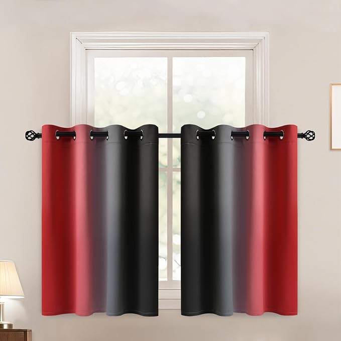 Yakamok Blackout Ombre Black and Red Curtains for Bedroom, Gradient Room Darkening Curtains, Grommet Thermal Insulated Full Light Blocking Window Drapes/Curtain for Living Room,52 x 36 Inch,2 Panels