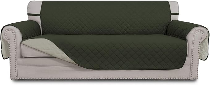 Easy-Going 4 Seater Sofa Slipcover Reversible Sofa Cover Water Resistant Couch Cover with Foam Sticks Elastic Straps Furniture Protector for Pets Children Dog Cat (XX-Large, Army Green/Beige)