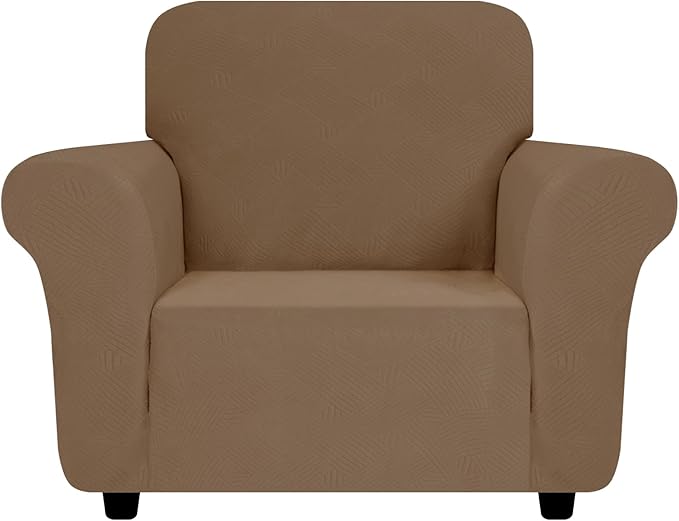 ZNSAYOTX Chair Cover with Arms (30"-47"), New Striped Sofa Chair Covers for Living Room, Dogs Pet Friendly Anti-Slip Chair Protector Spandex Armchair Slipcovers (Light Coffee, Chair)