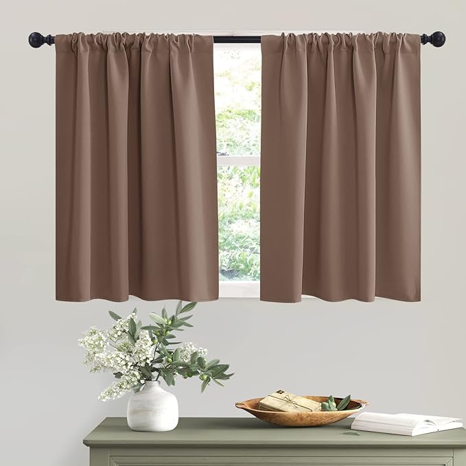 RYB HOME Short Mocha Blackout Curtains for Small Bedroom Window, Insulating UV Blocking Drapes for Kitchen Cafe Basement Garage, Privacy Tiers for Bathroom Window, Width 42 by Length 36, Set of 2