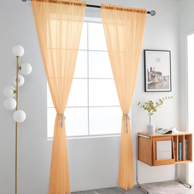 SpaceDresser Sheer Voile Window Treatment Rod Pocket Curtain Panels for Kitchen Bedroom Living Room Drapes Sunlight Filtering Privacy Semi Home Decor Assorted (Beige, 52 W x 72 L)