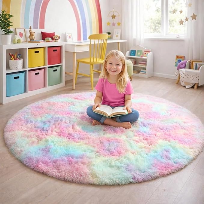 Amdrebio Rainbow Fluffy Round Rug 7Ft Kids Rugs for Girls Bedroom, Unicorn Room Decor, Colorful Pastel Big Large Carpet for Baby Nursery Playroom, Cute Shaggy Kawaii Circle Area Rug for Teen Princess