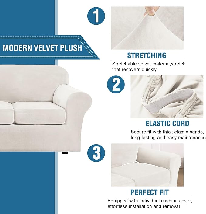 H.VERSAILTEX Real Velvet Plush 3 Piece Stretch Sofa Covers Couch Covers for 2 Cushion Couch Sofa Slipcovers Width Up to 90 Inch Feature Thick Soft Stay in Place (Sofa, Porcelain White)