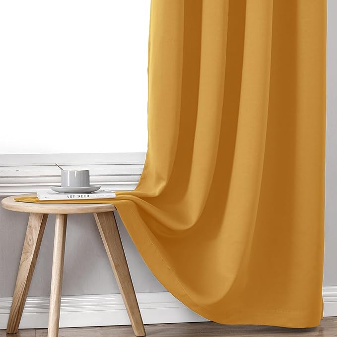 ChrisDowa 100% Blackout Curtains for Bedroom with Black Liner, 2 Thick Layers Total Blackout Thermal Insulated Grommet Window Curtains 2 Panels Set (Mustard Yellow, 52 x 54 Inch)