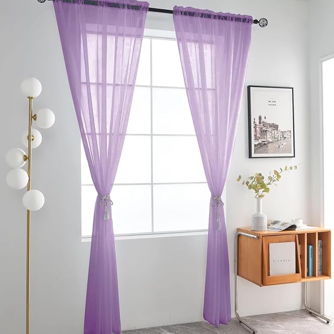 SpaceDresser Lavender Sheer Curtains 4 Panels Rod Pocket Semi-Sheer Curtain 45 Inches Long Light Filtering Voile Window Drapes for Bedroom Living Room Kitchen, Each 52W x 45L
