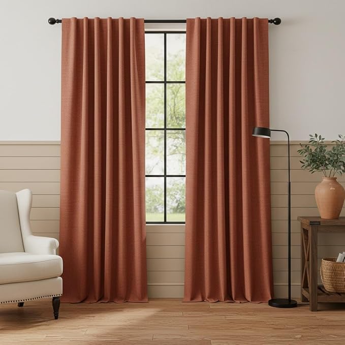 RYB HOME 100% Blackout Linen Textured Curtains 96 inches Long, Insulating Privacy Energy Saving for Bedroom Living Room Window Office Theater Dining Nursery, W 52 x L 96 in, Terracotta, 2 Panels