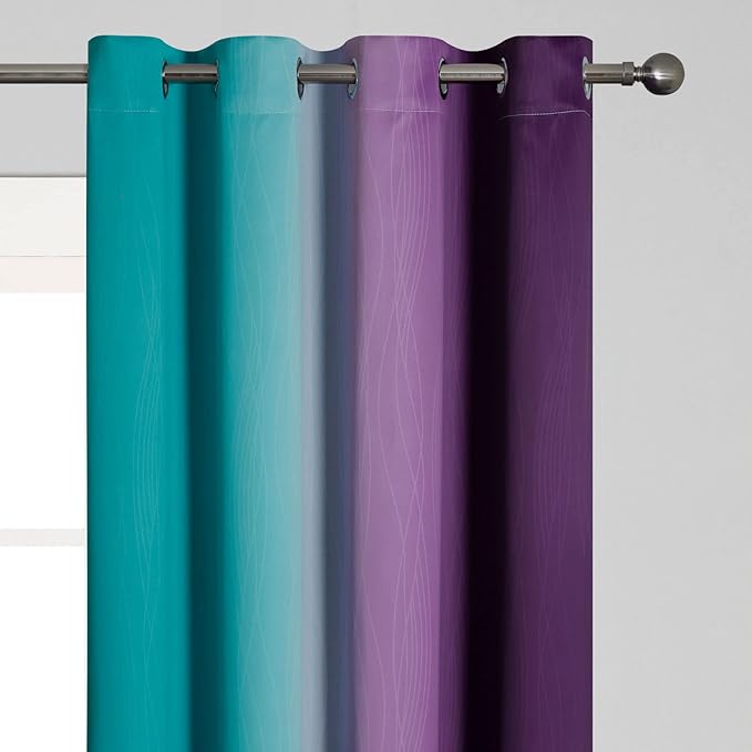 Estelar Textiler Ombre Purple Blackout Curtains 96 Inches Long, Teal Curtains for Living Room, Grommet Thermal Insulated Gradient Drapes, Full Light Blocking Curtains for Bedroom,52x96 Inch, 2 Panels