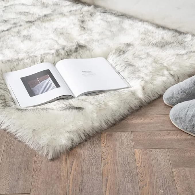 ORINOVA White and Grey Ultra Soft Faux Fur Shaggy Runner Rug 2x6 for Nursery Teen Room Dormitory Living Room Washable Furry Area Rug Décor
