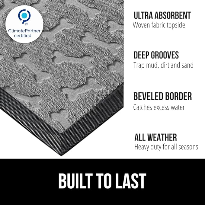 GORILLA GRIP 100% Waterproof All-Season WeatherMAX Doormat, 47x35, US Designed Natural Rubber, Stain and Fade Resistant, Low Profile Indoor Outdoor Door Mats, Easy Clean Patio Mat, Light Gray Bones
