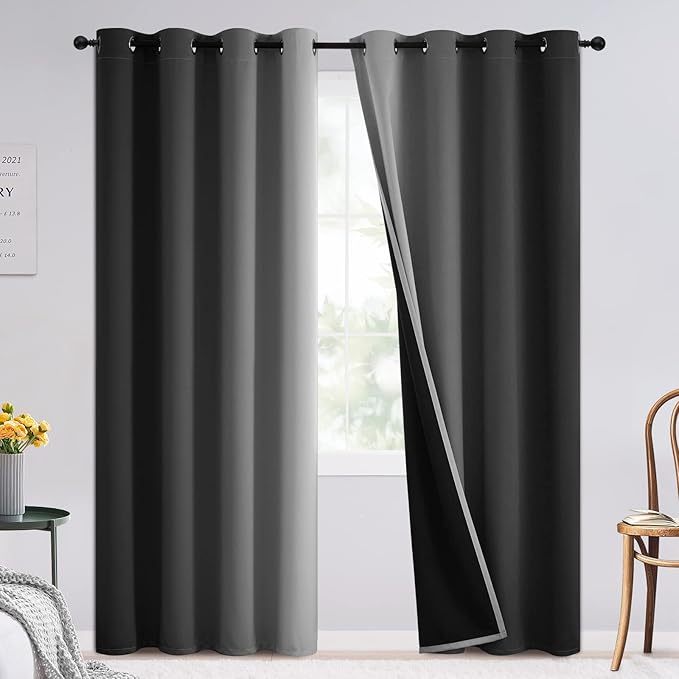 SimpleHome Black and Greyish White Blackout Curtains for Bedroom 90 Inches Long, Room Darkening Grommet Curtains for Living Room,Thermal Insulated Ombre Drapes,2 Panels, 52x90 inches Length
