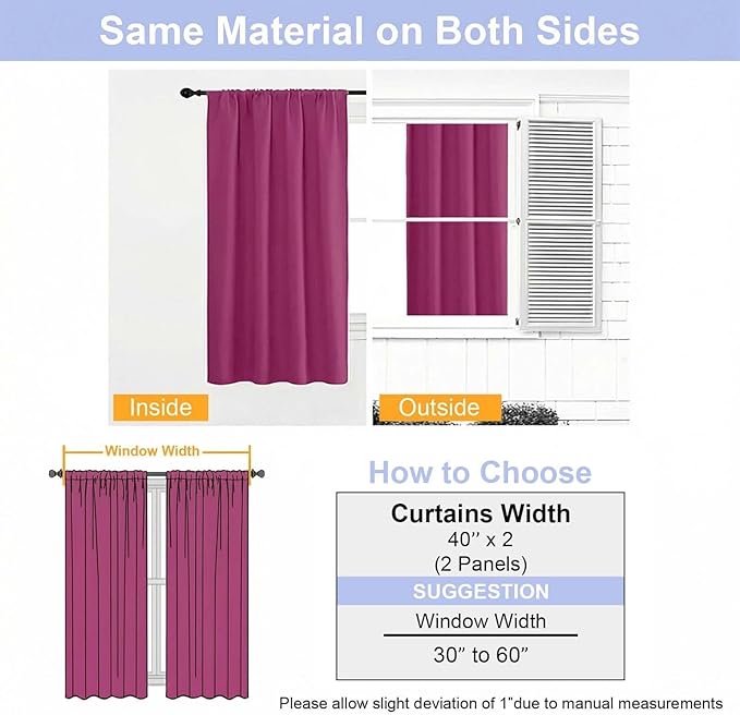 Simplebrand Ava Hot Pink Short Blackout Curtains for Bedroom 45 Inches Long 2 Panels Set, Solid Thermal Insulated, Energy Saving Window Treatment Curtains Blackout Drapes, W40 x L45 Inch