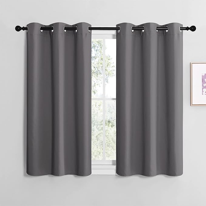 NICETOWN Grey Blackout Curtain Panels for Bedroom, 2 Panels, W34 x L36-inch, Thermal Insulated Grommet Top Blackout Draperies and Drapes for Basement