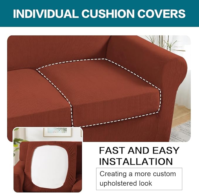 Turquoize 3 Piece Sofa Covers for 2 Cushion Couch Sofa Slipcover Soft Couch Cover for Dogs-Washable Sofa Furniture Covers with 2 Individual Cushion Covers, Thick Jacquard Fabric (Loveseat, Rust)