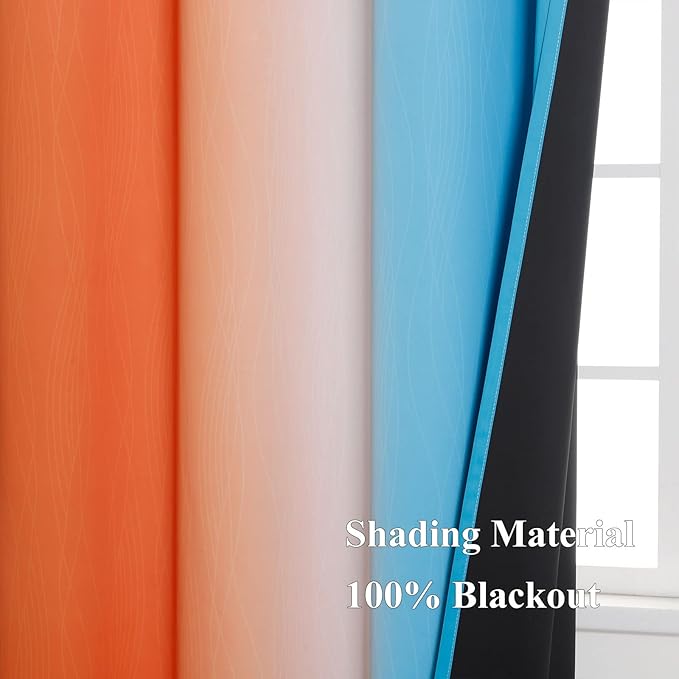 Ombre Orange and Blue Curtains 63 Inch Length 2 panels, Total Blackout Curtains for Bedroom, Grommet Thermal Insulated Gradient Drapes, Full Light Blocking Curtains for Boys Room, 52x63 Inch