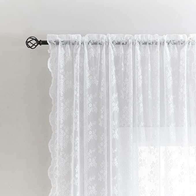 YJ YANJUN Vintage Lace Curtains 80 Inch Length for Doorway -Victorian Floral Pattern White Sheer Curtain Panels for Living Room Bedroom,Light Filtering, Country Cottage Core Drapes 2 Panels 52W x 80L