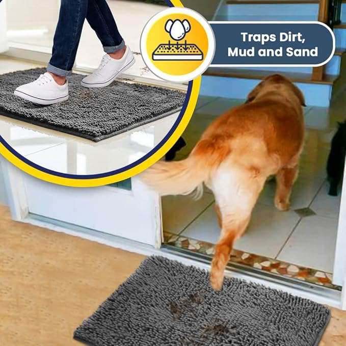 Muddy Mat® | Super Absorbent Door Mat Indoor, Microfiber Quick Dry Chenille Entryway Rug, Non-Slip Front Door Mat, Indoor Mats for Entryway, Machine Washable Pet Rug, Grey 16"x24"