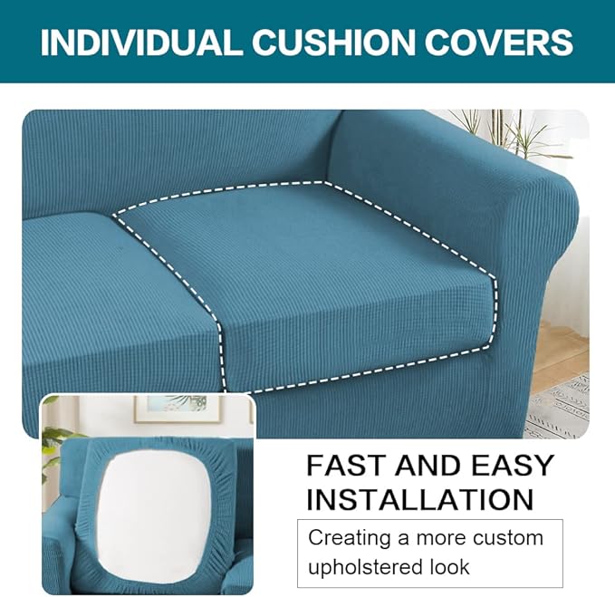 Turquoize 3 Piece Sofa Covers for 2 Cushion Couch Sofa Slipcover Soft Couch Cover for Dogs-Washable Sofa Furniture Covers with 2 Individual Cushion Covers (2 Cushion Sofa, Storm Blue)