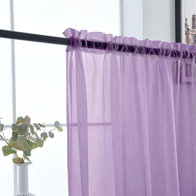 SpaceDresser Sheer Voile Window Treatment Rod Pocket Curtain Panels for Kitchen Bedroom Living Room Drapes Sunlight Filtering Privacy Semi Home Decor Assorted (Lavender, 52 W x 45 L)