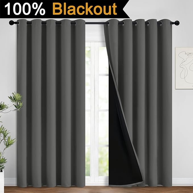Yakamok Total Blackout Curtains, 2 Thick Layers Completely Blackout Soild Thermal Insulated Drapes with Black Liner for Bedroom(62Wx84L, Dark Grey, 2 Panels)