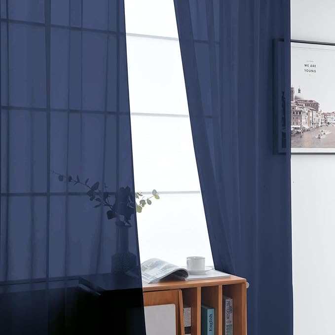 SpaceDresser Sheer Voile Window Treatment Rod Pocket Curtain Panels for Kitchen Bedroom Living Room Drapes Sunlight Filtering Privacy Semi Home Decor Assorted Colors Sizes (Navy, 52 W x 54 L)