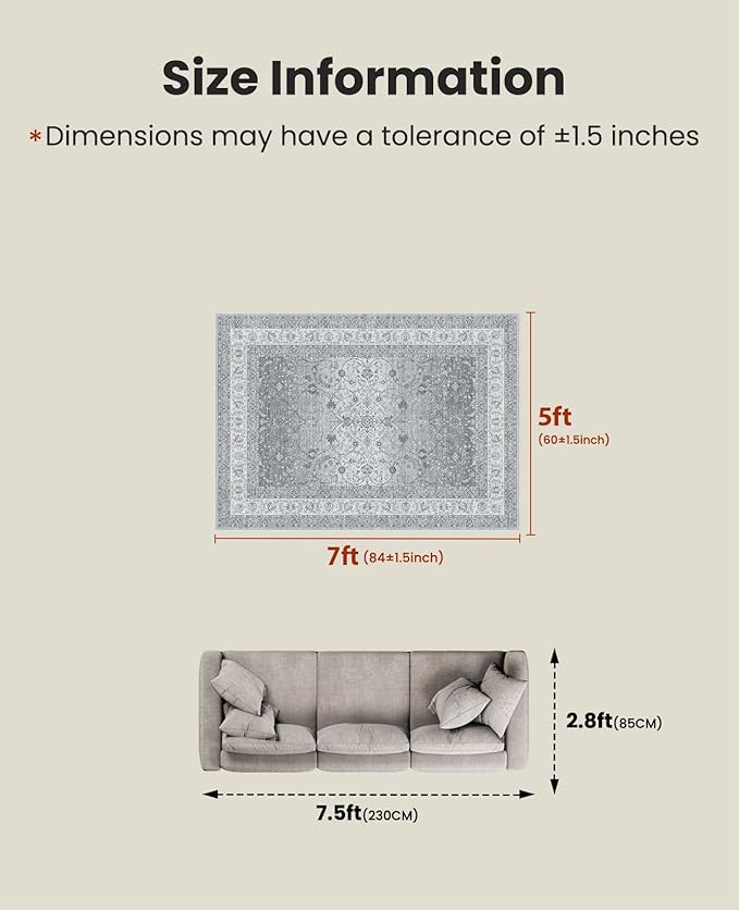 AMADA HOMEFURNISHING 5x7 Area Rugs, Washable Living Room Rug with Non-Slip Backing, Low Pile and Durable Edge Binding, Soft Vintage Floral Rugs for Living Room, Bedroom, Dining Room
