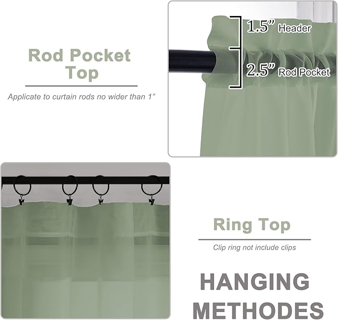 OWENIE Sage Green Sheer Curtains, Sheer Curtains 96 inches Long 2 Panels Set, Rod Pocket Voile Fimly Sheer Drapes for Living Room/Bedroom, 2pcs, Each 59" W x 96" L