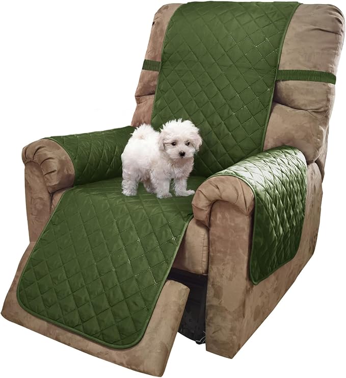 U-NICE HOME Recliner Chair Covers Reversible Quilted Water Repellent Pet Protectors with Elastic Straps (23''Recliner Small, Huntergreen/Sage)