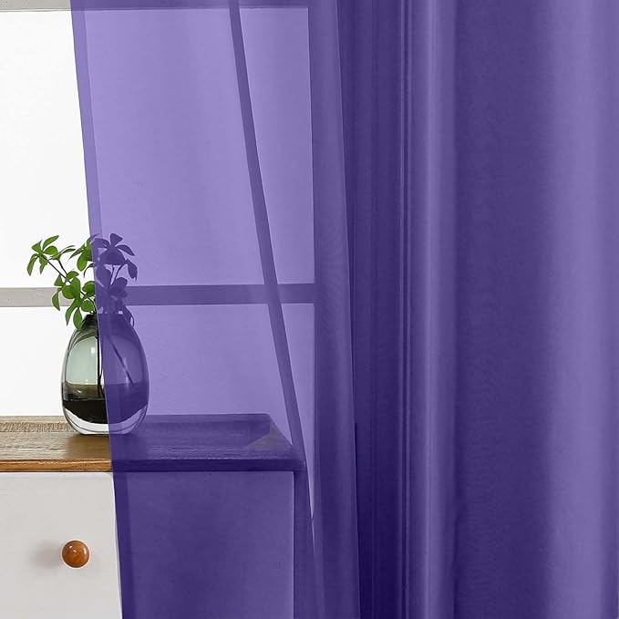 Purple Small Sheer Curtains Tier 24 Inches Length 2 Pieces, Light Filtering Cafe Curtains Sheers for Living Room Bathroom, Modern Window Treatments Dual Rod Pocket Panels, 2X42Wx24L Inches