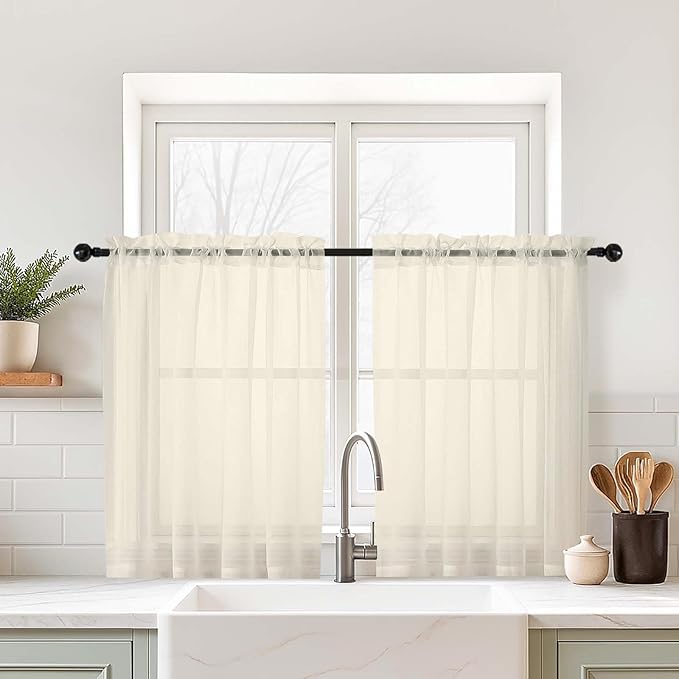 Cream Small Sheer Curtains 2 Panels Set, Kitchen Curtains 36 Inch Length, Elegant Light Filtering Short Window Drapes for Living Room Bedroom, Dual Rod Pocket Design, 2x42Wx36L Inches