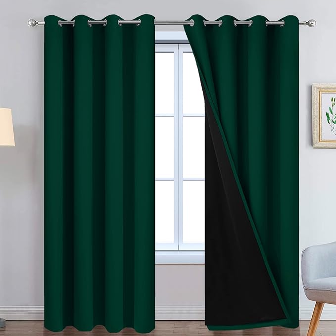 Yakamok 96 Inch Length 100% Blackout Curtains for Bedroom, 2 Thick Layers Thermal Insulated Grommet Total Blackout Drapes with Black Liner for Living Room(52Wx96L,Dark Green, 2 Panels)